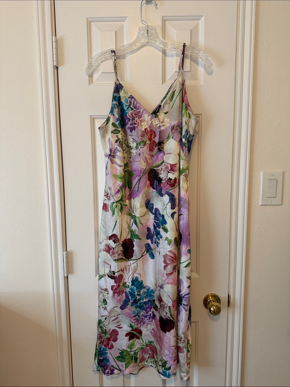 Express Floral Midi Slip Dress in White with Purple & Blue Blooms